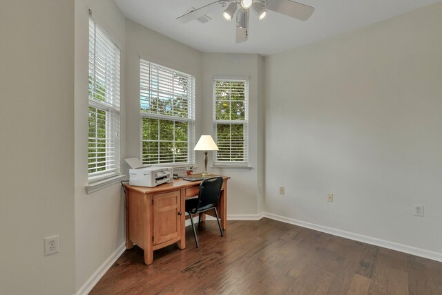 office with ceiling fan, dark hardwood / wood-style flooring, and a healthy amount of sunlight