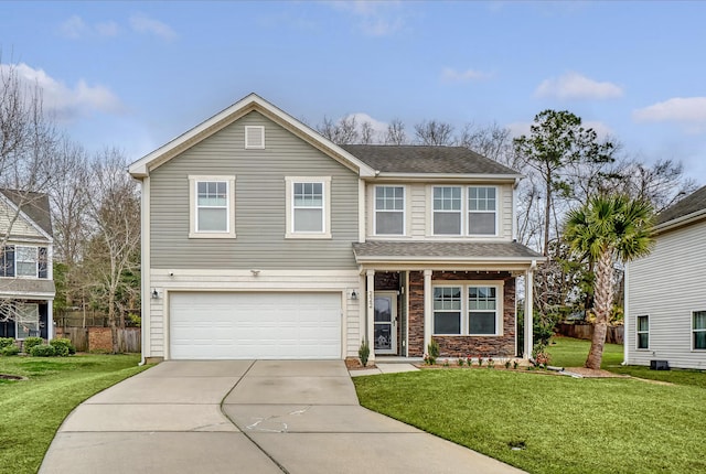 traditional-style home featuring a garage, fence, concrete driveway, roof with shingles, and a front lawn