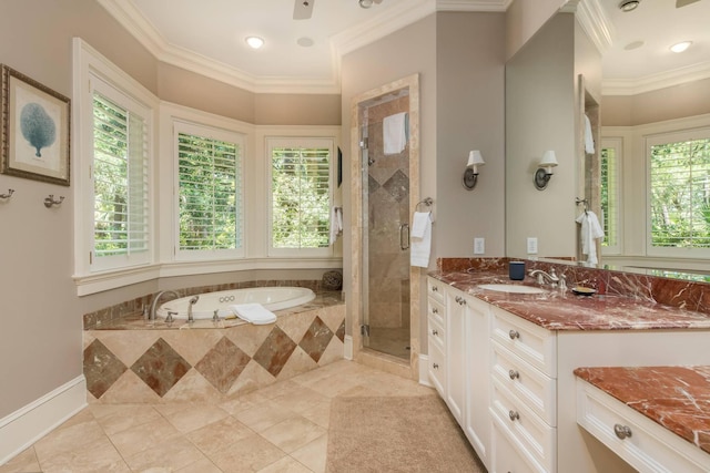 14 Royal Beach Dr, Kiawah Island, SC 29455 - full bath with a garden tub, a shower stall, vanity, crown molding, and tile patterned flooring