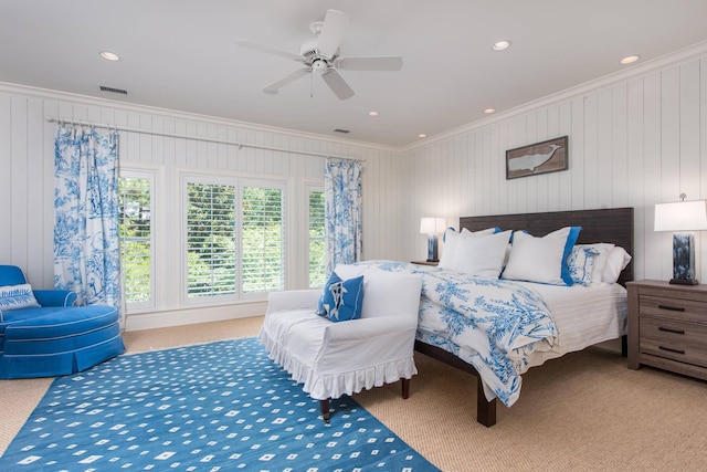 14 Royal Beach Dr, Kiawah Island, SC 29455 - carpeted bedroom featuring ornamental molding, a ceiling fan, and recessed lighting