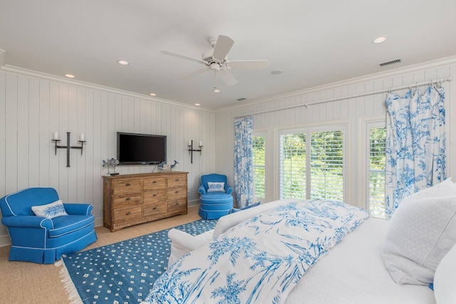 14 Royal Beach Dr, Kiawah Island, SC 29455 - bedroom featuring crown molding, carpet, a ceiling fan, and recessed lighting