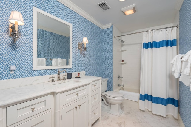 14 Royal Beach Dr, Kiawah Island, SC 29455 - bathroom with toilet, shower / bath combo with shower curtain, vanity, ornamental molding, and marble finish floors