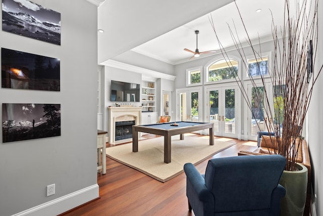 14 Royal Beach Dr, Kiawah Island, SC 29455 - recreation room featuring crown molding, ceiling fan, french doors, wood finished floors, and billiards