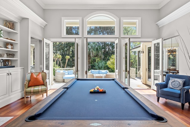 14 Royal Beach Dr, Kiawah Island, SC 29455 - rec room featuring wood finished floors, ornamental molding, built in features, a towering ceiling, and pool table