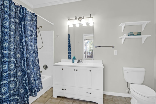 full bathroom with toilet, shower / tub combo with curtain, tile patterned floors, ornamental molding, and vanity