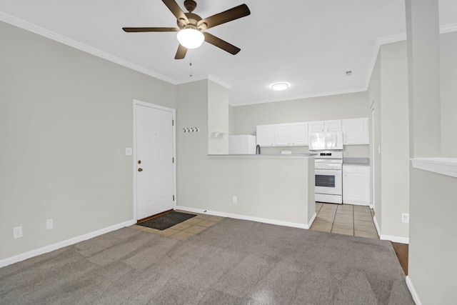 kitchen featuring white range with electric stovetop, ceiling fan, light colored carpet, refrigerator, and white cabinets