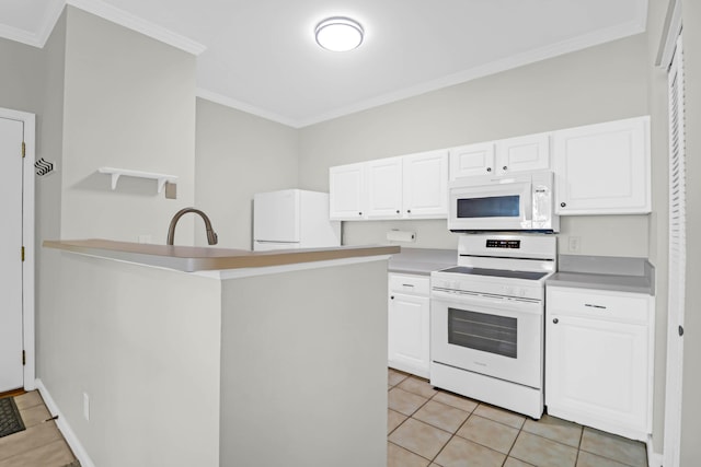 kitchen with white appliances, white cabinets, sink, ornamental molding, and light tile patterned floors