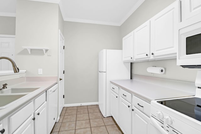 kitchen featuring white cabinetry, white appliances, ornamental molding, and light tile patterned flooring