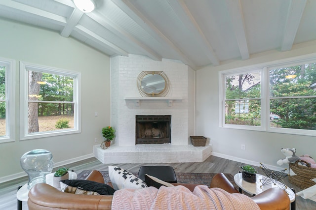 106 Kent Cir, Ladson, SC 29456 - living room featuring wood finished floors, baseboards, vaulted ceiling with beams, and a fireplace
