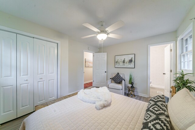 106 Kent Cir, Ladson, SC 29456 - bedroom with a ceiling fan, wood finished floors, baseboards, a closet, and ensuite bathroom