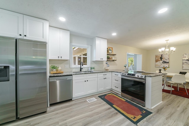 106 Kent Cir, Ladson, SC 29456 - kitchen with a sink, stainless steel appliances, white cabinetry, a peninsula, and visible vents