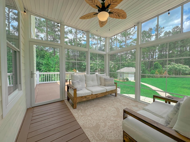 1129 Plantation Overlook Dr, Moncks Corner, SC 29461 - sunroom with an outdoor hangout area and a ceiling fan