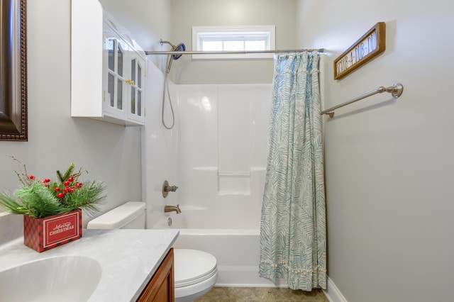 full bathroom featuring vanity, toilet, and shower / tub combo with curtain