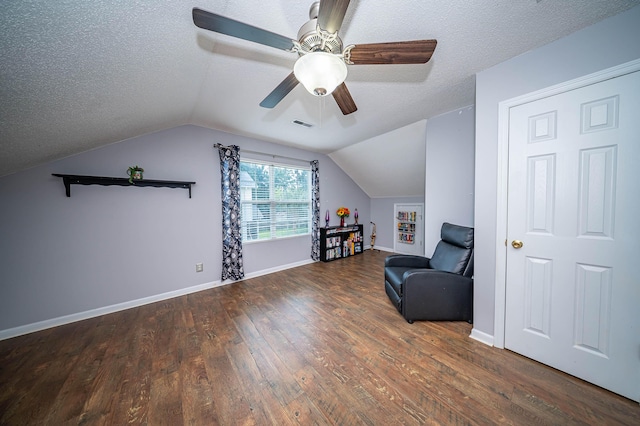 229 Lindy Creek Rd, Goose Creek, SC 29445 - living area with hardwood / wood-style flooring, vaulted ceiling, a textured ceiling, and a ceiling fan