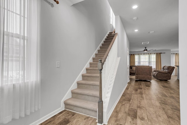 9998 Winged Elm St, Ladson, SC 29456 - stairs with wood finished floors, recessed lighting, ceiling fan, and baseboards