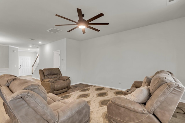 9998 Winged Elm St, Ladson, SC 29456 - living room with ceiling fan, stairway, baseboards, light wood-type flooring, and recessed lighting