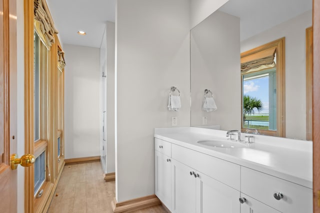 bathroom with hardwood / wood-style flooring and vanity