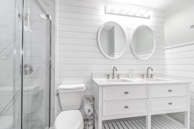 bathroom featuring toilet, a stall shower, double vanity, and a sink