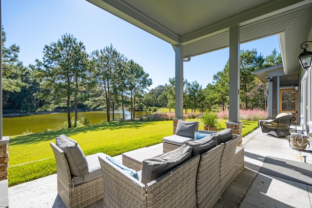 view of patio featuring a water view and an outdoor hangout area