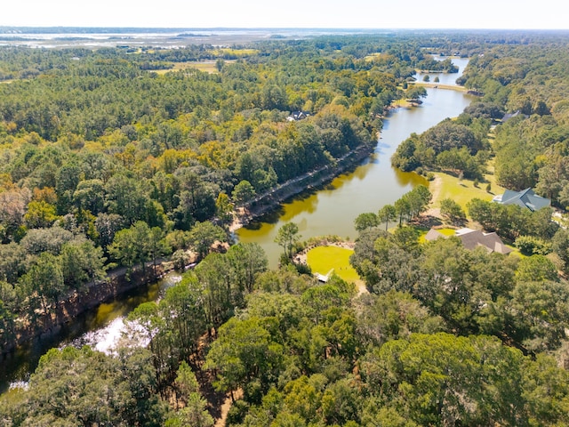 aerial view featuring a water view and a view of trees