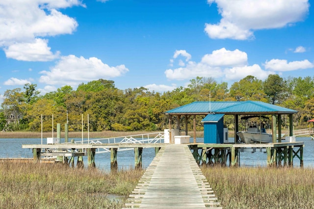 view of dock featuring a water view and boat lift