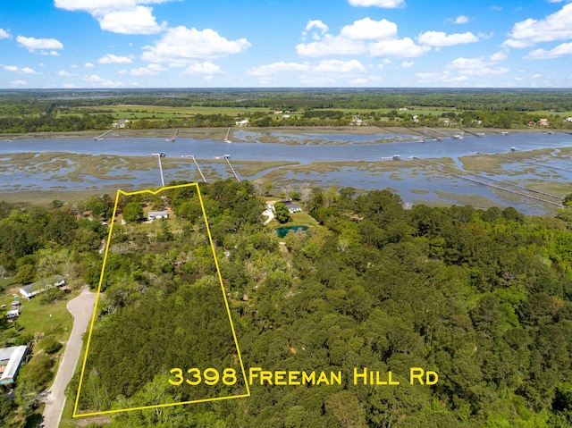 birds eye view of property featuring a water view and a view of trees