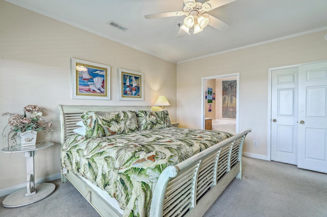 2393 Folly Rd Unit 1G, Folly Beach, SC 29439 - carpeted bedroom featuring ornamental molding, baseboards, ensuite bathroom, and a ceiling fan