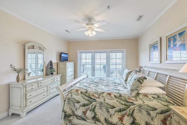 2393 Folly Rd Unit 1G, Folly Beach, SC 29439 - bedroom with light carpet, multiple windows, ornamental molding, ceiling fan, and baseboards
