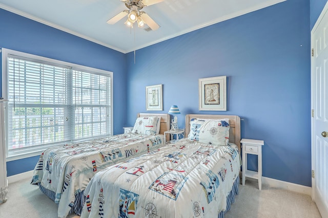 2393 Folly Rd Unit 1G, Folly Beach, SC 29439 - carpeted bedroom featuring multiple windows, baseboards, crown molding, and a ceiling fan