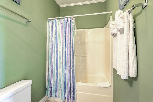 2393 Folly Rd Unit 1G, Folly Beach, SC 29439 - full bathroom with crown molding, toilet, and shower / bath combination with curtain