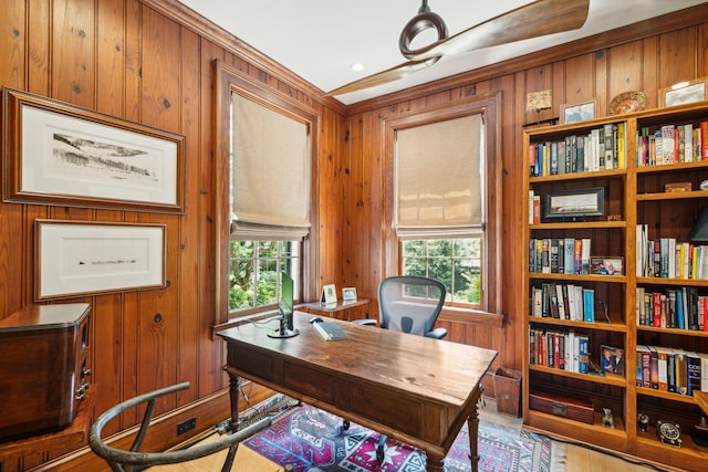 office space with a wealth of natural light, crown molding, and wood walls