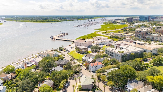 bird's eye view with a water view