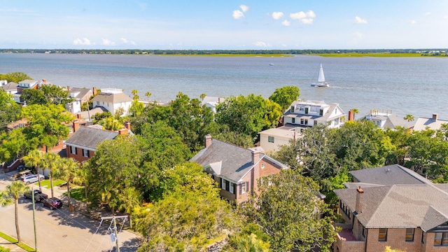 drone / aerial view featuring a water view