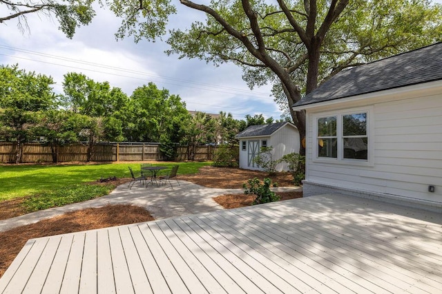 1199 Island View Dr, Mount Pleasant, SC 29464 - wooden deck with a yard, an outbuilding, a shed, a patio area, and a fenced backyard
