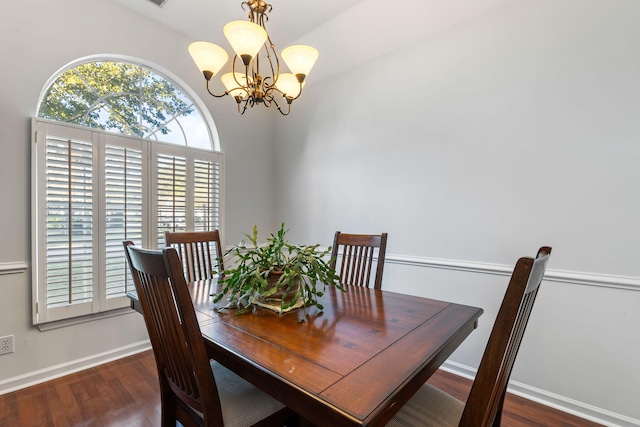 dining space with an inviting chandelier and dark wood-type flooring