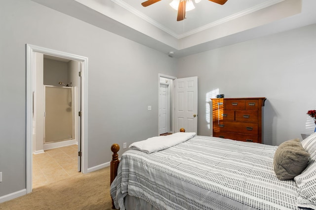 bedroom with a raised ceiling, light carpet, crown molding, and ceiling fan