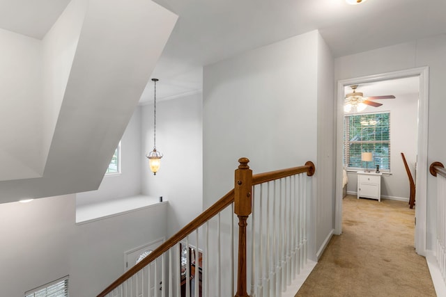 hallway featuring light colored carpet