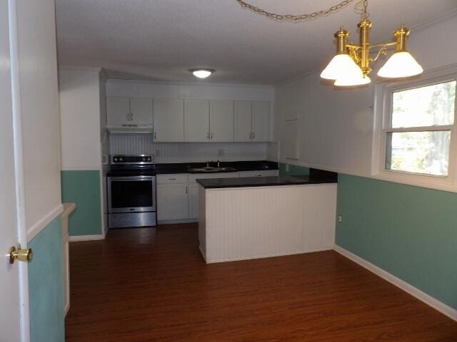 kitchen with sink, electric stove, dark hardwood / wood-style flooring, pendant lighting, and white cabinets