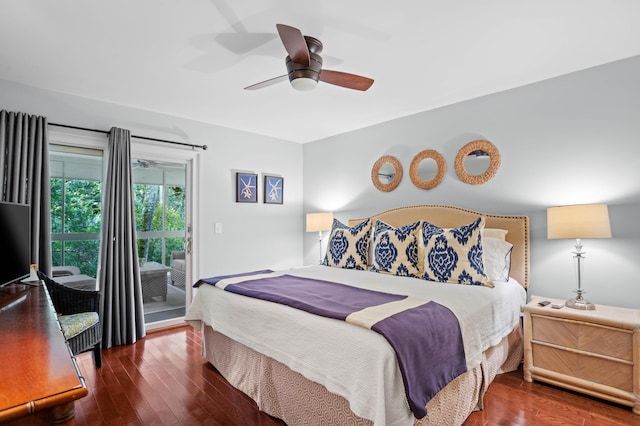 bedroom featuring ceiling fan, access to exterior, and dark hardwood / wood-style flooring