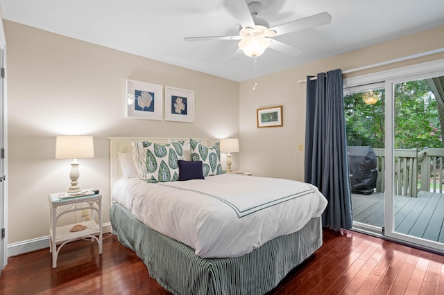 bedroom with ceiling fan, dark hardwood / wood-style flooring, and access to outside