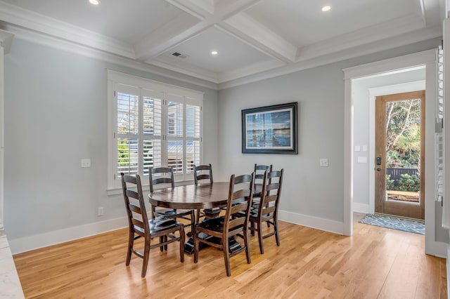 dining area featuring beamed ceiling, light wood-type flooring, coffered ceiling, and baseboards