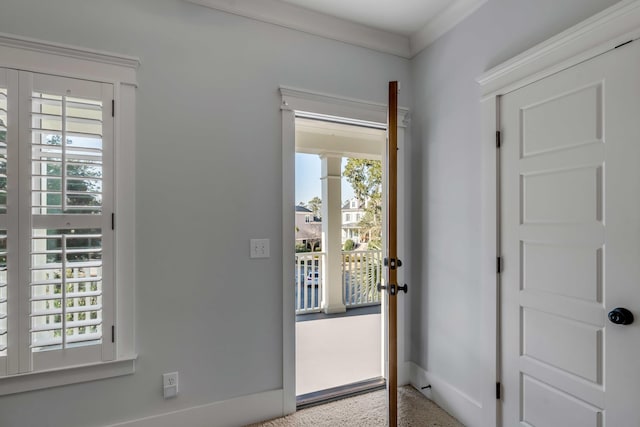 carpeted foyer entrance with a healthy amount of sunlight and baseboards