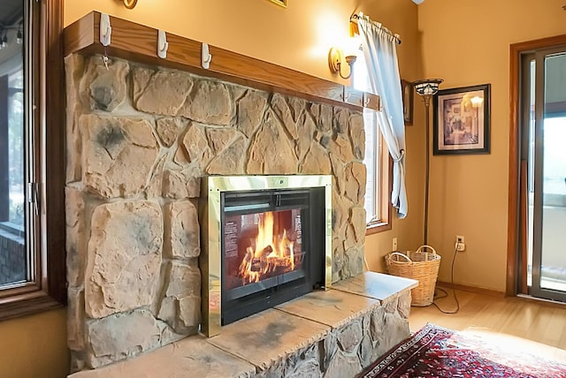 details featuring a fireplace and hardwood / wood-style floors