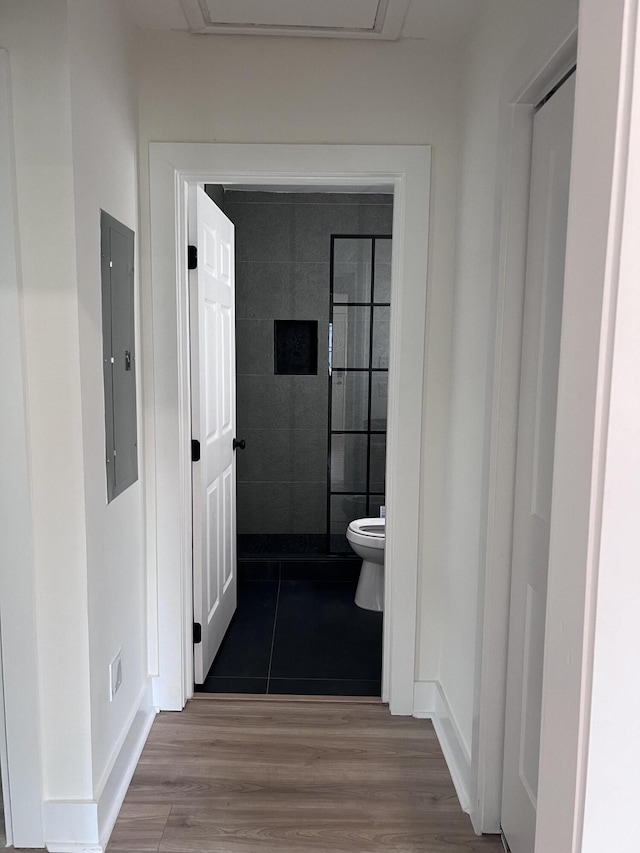 corridor featuring electric panel and wood finished floors