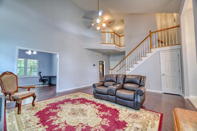 106 Trimley Ct, Goose Creek, SC 29445 - living area featuring high vaulted ceiling, wood finished floors, a ceiling fan, stairway, and baseboards
