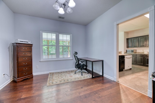 106 Trimley Ct, Goose Creek, SC 29445 - office space featuring a chandelier, wood-type flooring, baseboards, and a textured ceiling
