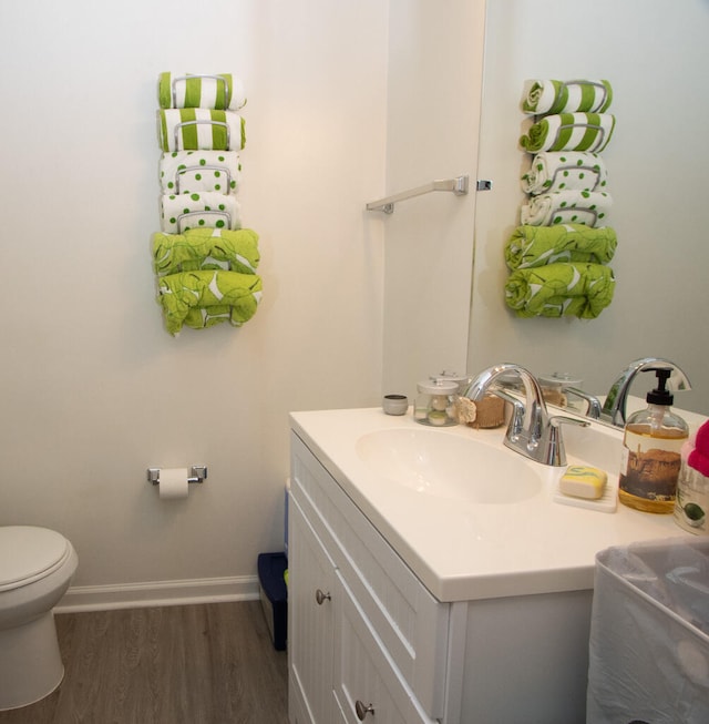 bathroom featuring toilet, vanity, and wood-type flooring