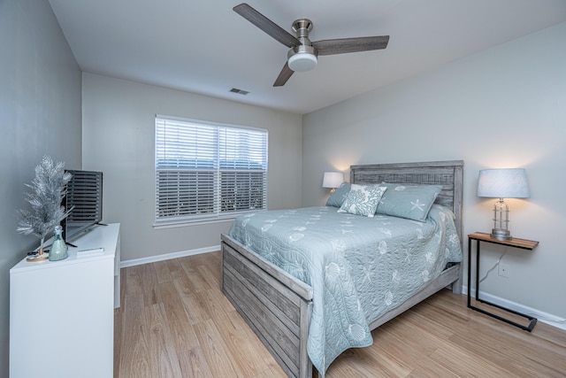 bedroom featuring ceiling fan and light wood-type flooring