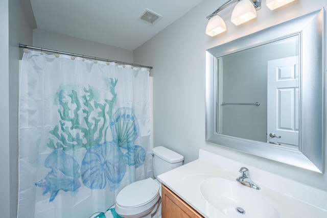 full bathroom featuring shower / bathtub combination with curtain, vanity, and toilet