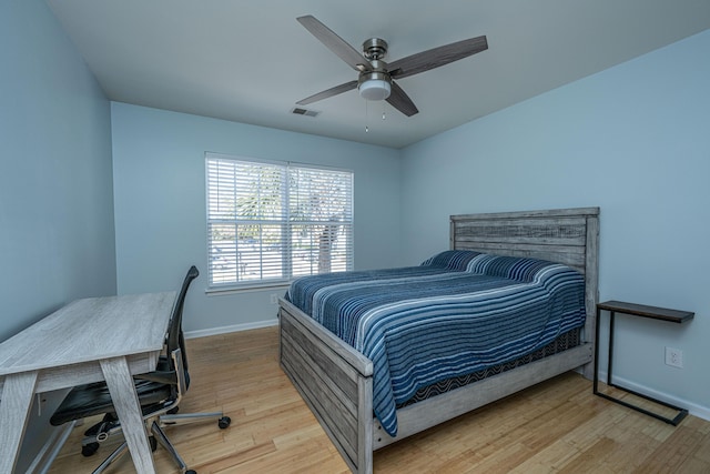 bedroom with ceiling fan and light hardwood / wood-style flooring